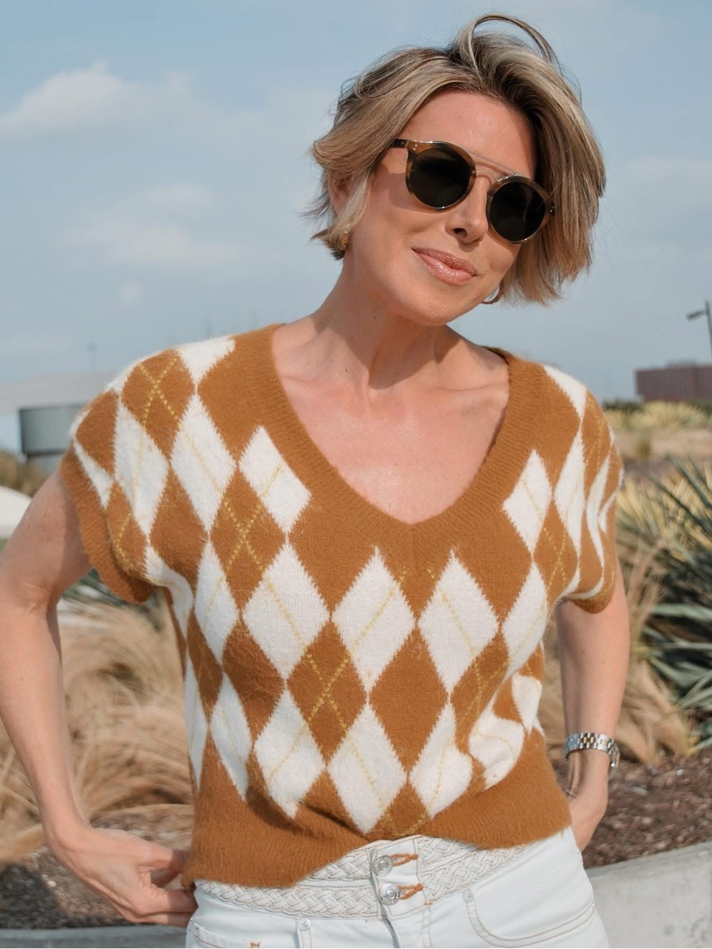 Free People Argyle Sweater Vest Brown Medium Preppy Academia Cropped